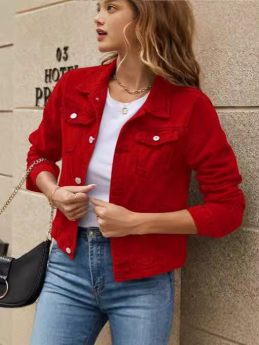 2024 new cross-border European and American fashion trend lapel pocket single-breasted short Denim coat jacket