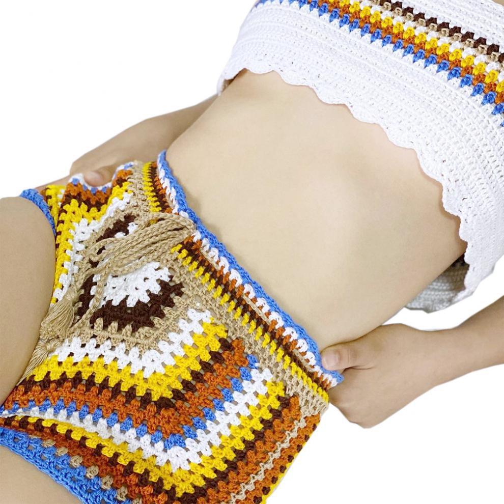 Hand-Knitted European and American Style Amazon Aliexpress Knit Two-Piece Swimsuit Beach Bikini Hollow-Out Short Casual Versatile