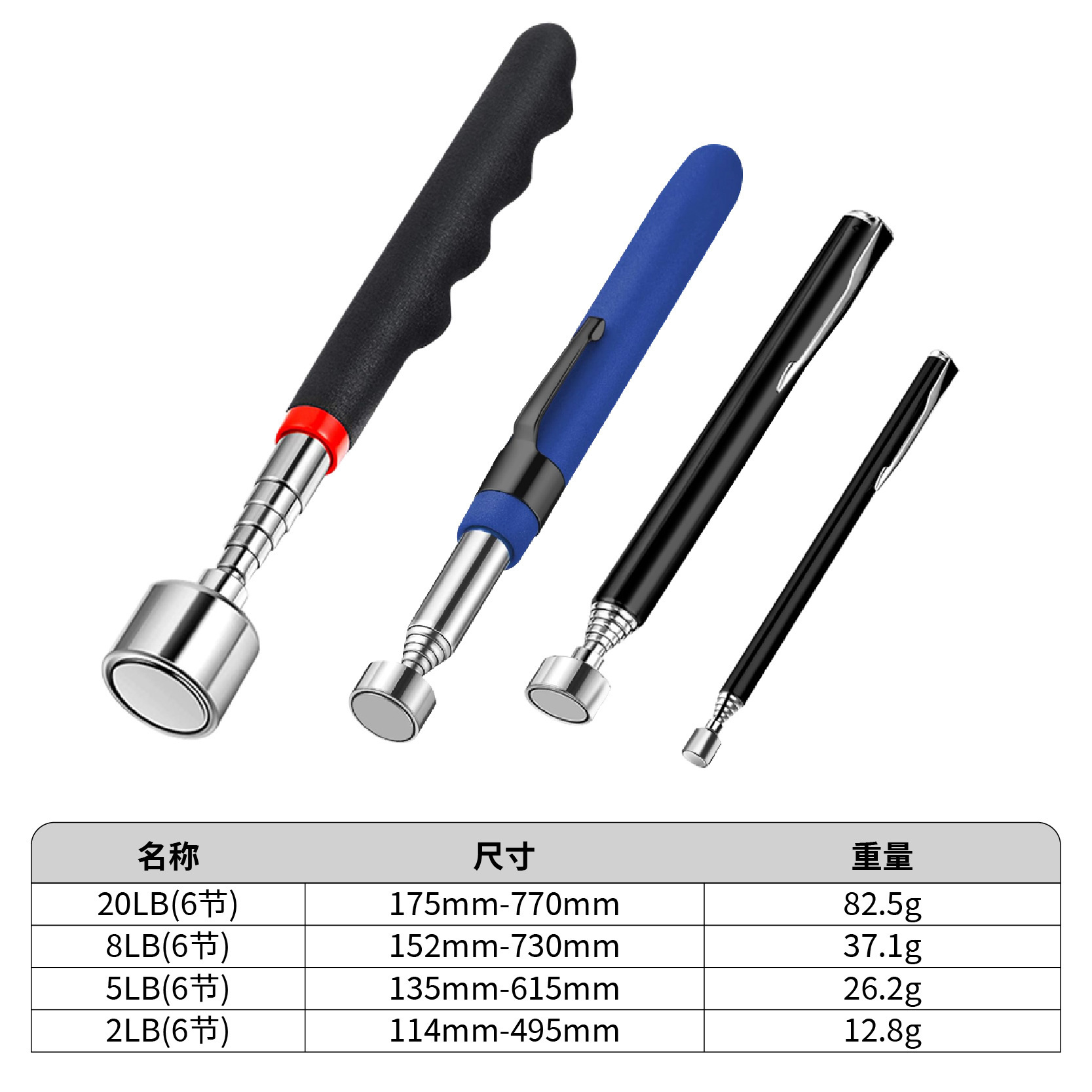 Magnetic Iron Suction Rod, Magnetic Picker, Telescopic Extension Rod, Auto Repair Tool, Square Mirror, Round Mirror, Flashlight Head