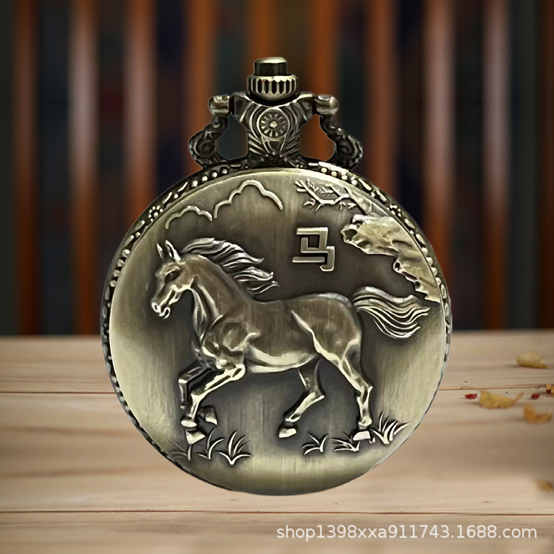 Wholesale large antique twelve zodiac quartz flip commemorative pocket watch three-dimensional relief universal hanging watch necklace