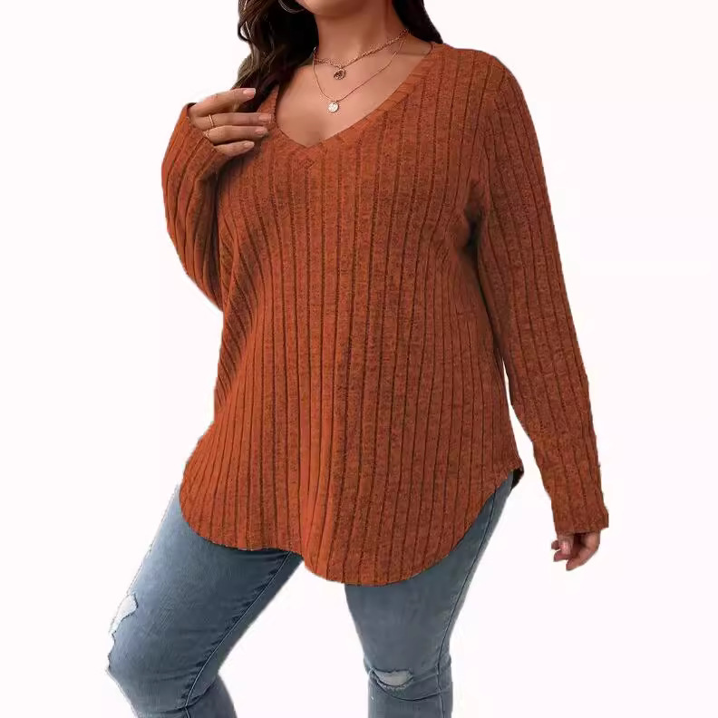 2025 Amazon Autumn and Winter New Pure Color Plus Size Women's Tops V Neck Long-Sleeved Pit Strip Brushed T-Shirt Loose Pullover
