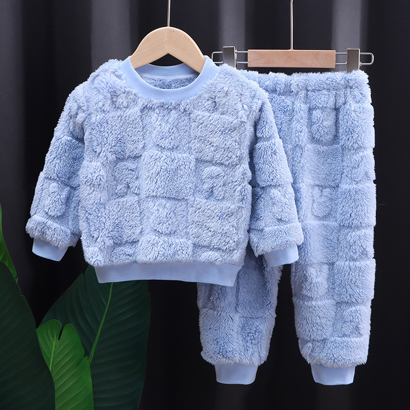 Children's Flannel Pajamas Set for Boys and Girls Korean Style Warm and Thickeneded Home Clothes Baby Plus Fleece Clothes Set