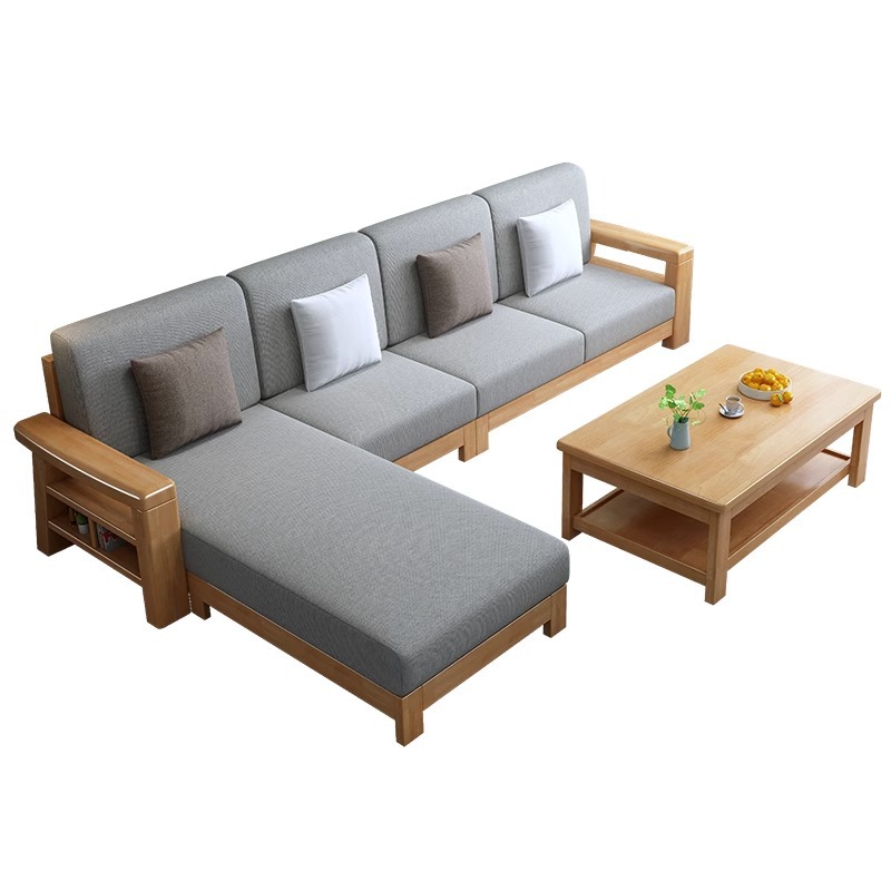 Nordic Solid Wood Sofa Combination Modern Simple Three-Seat Living Room Sofa Bed Small Apartment Log Fabric Sofa