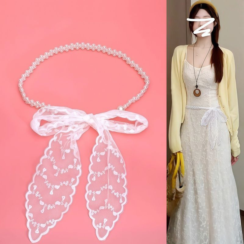Summer White Lace Dress for Women with Bow Tie, Pearl Scarf Tie, Elastic Waist Decoration Belt