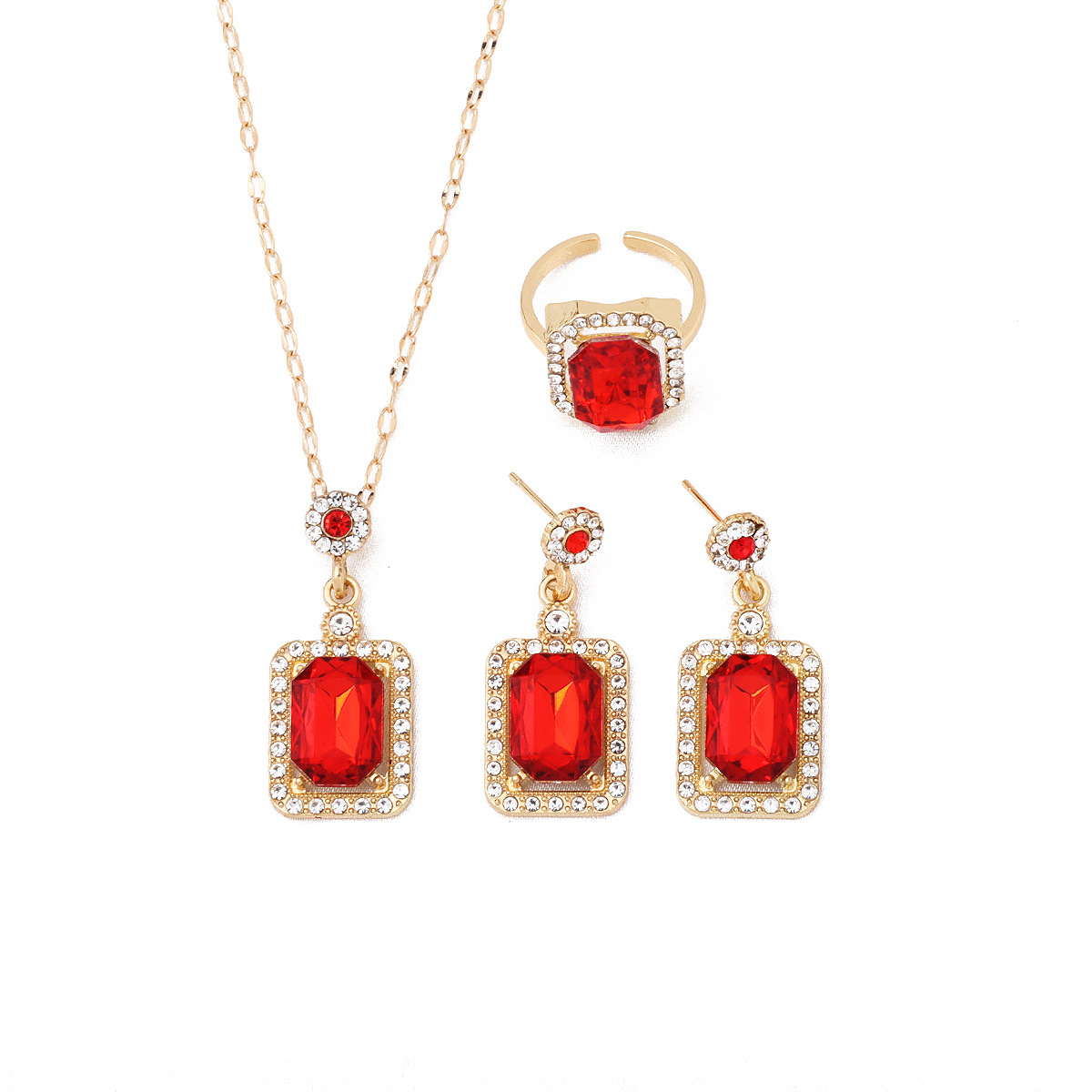 Green Pendant Gem Necklace Ring Earrings Three-piece Set Women's Summer Small High-level Design Sense Clavicle Chain Light Luxury