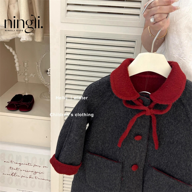 Ningli Korean Girls' Coat Autumn and Winter 2025 New Children's Reversible Woolen Coat Mid-Length Clothing Korean Style