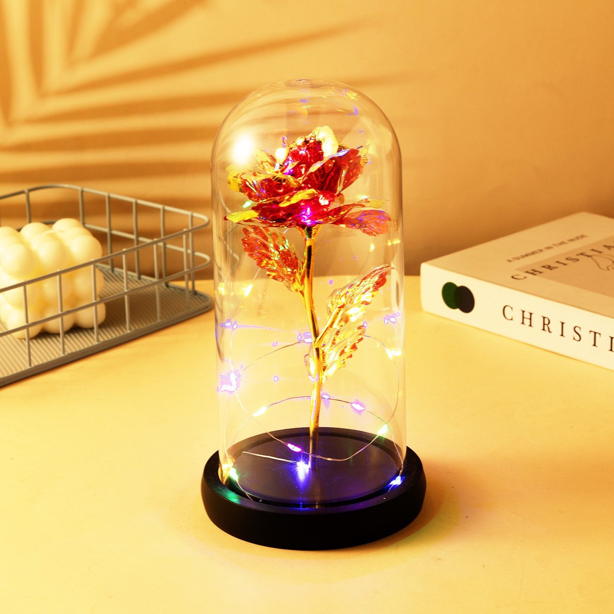 Gold Foil Rose Glass Dome Led Light Cross-Border Valentine's Day Mother's Day Festival Gift Flower Ornament Glowing