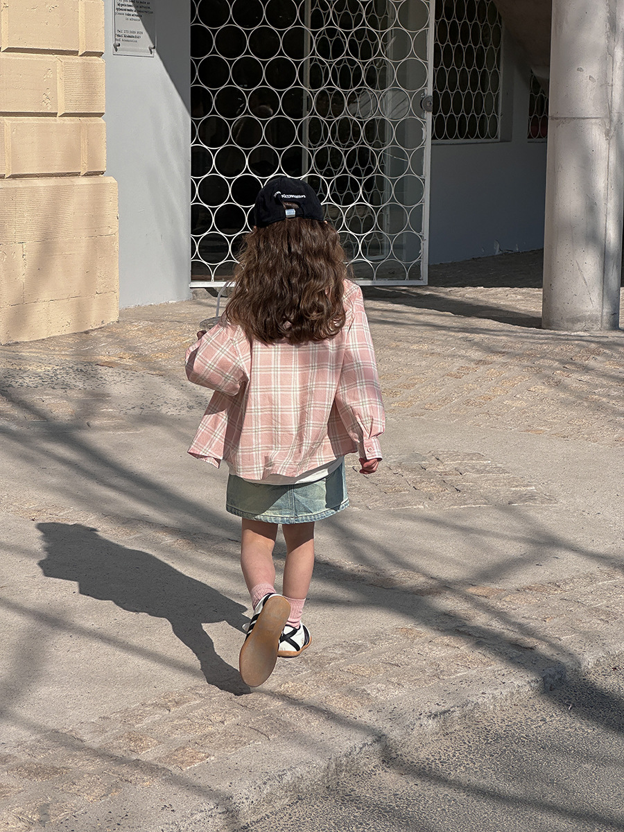 Emo Beibei Children's Clothing 2025 Spring New Girls Korean Pink Shirt Cartoon Embroidered Puppy Plaid Shirt