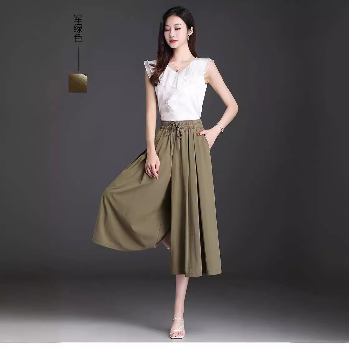 Ice Silk wide-leg pants high waist draping culottes summer thin women's pants new middle-aged cropped casual big-leg pants