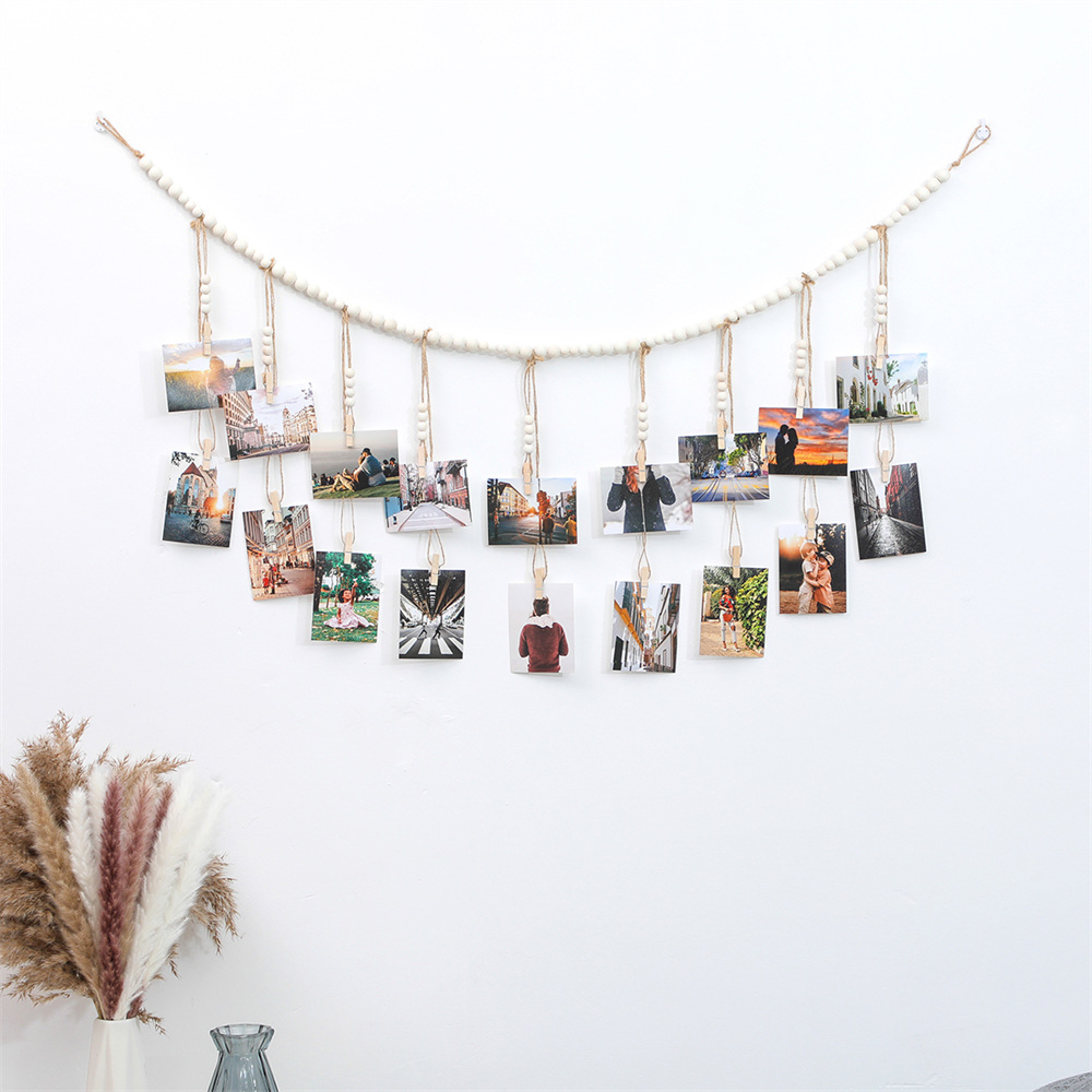 Wooden Beads Hanging Photo Display Log Color Wooden Beads Hemp Rope Tassel Wooden Clip Photo Storage Decoration