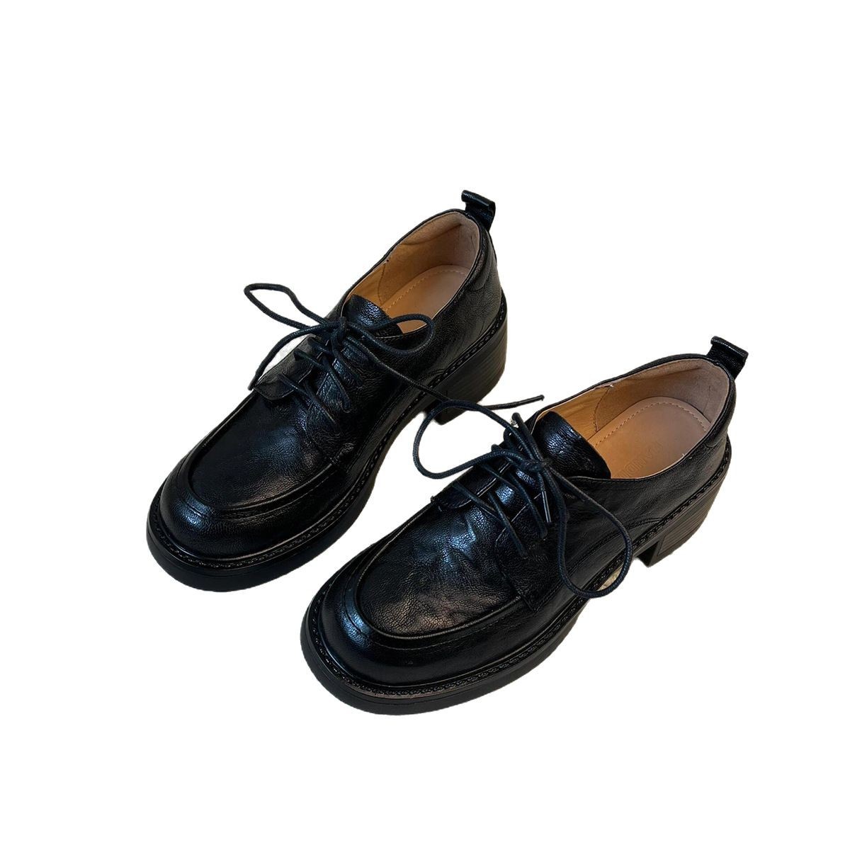 Sheepskin Version ~ College Style Lace-Up Thick-Heeled Loafers for Women, Genuine Leather Versatile Thick-Soled Flats, Casual British Small Leather Shoes