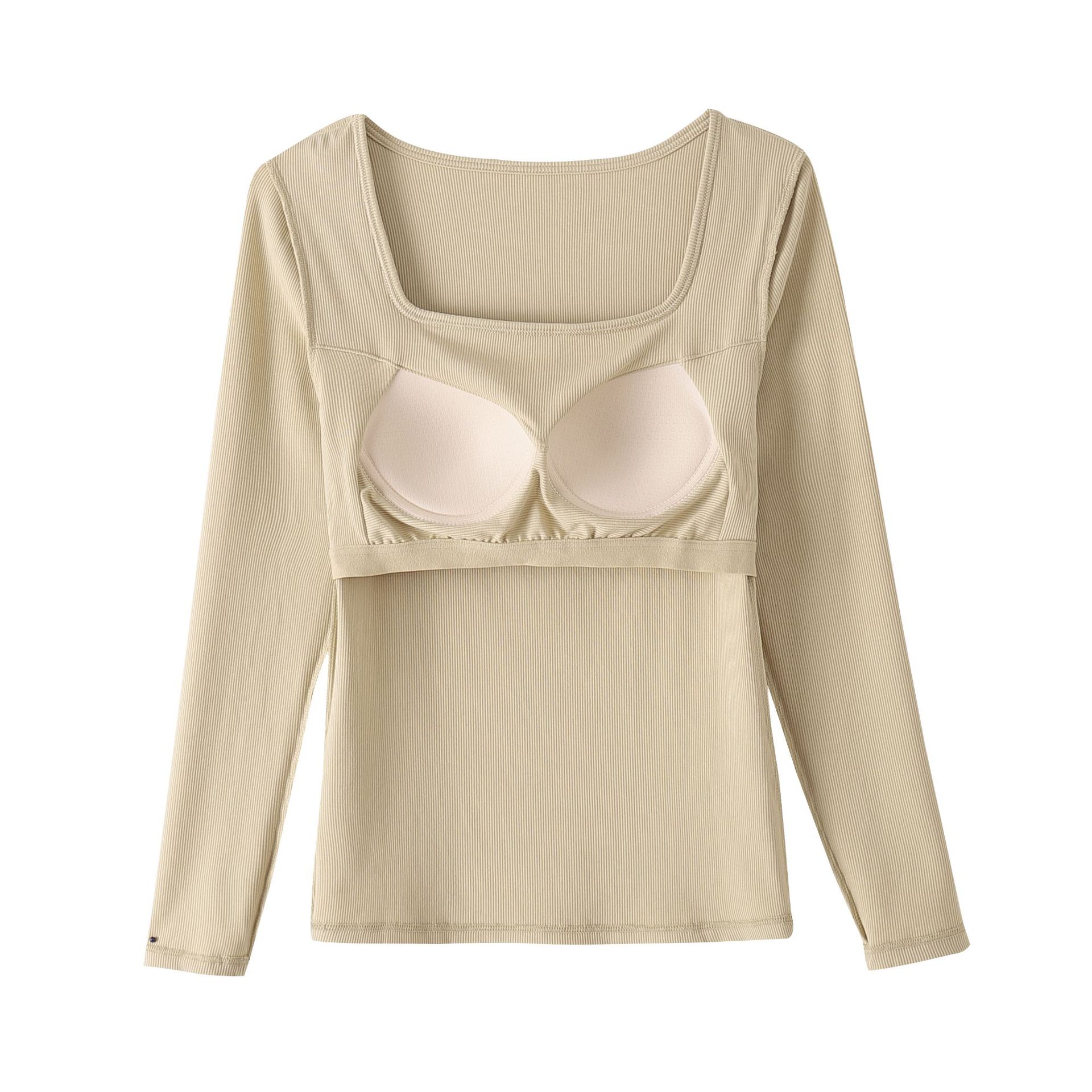 With chest pad one-piece long inner wear anti-exposure non-steel ring Cup square collar long sleeve top bottoming can be worn outside T-shirt