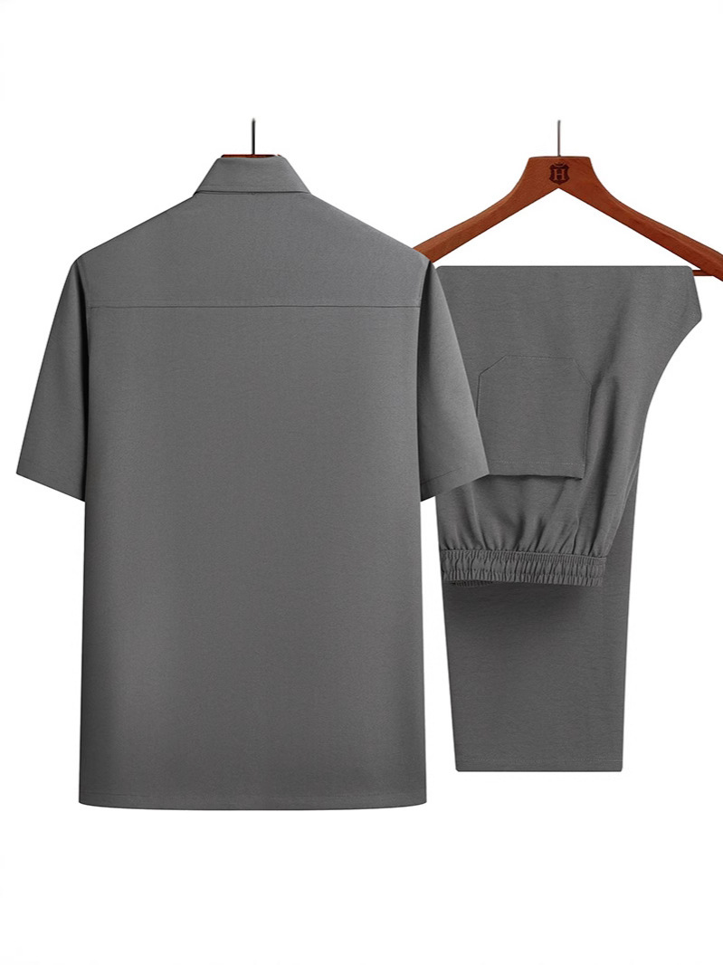Summer Thin Ice Silk Short-Sleeved Shirt Suit for Middle-Aged and Elderly People Loose Daddy Short-Sleeved Shirt Suit