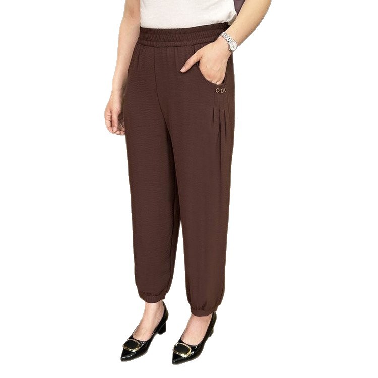 Plus-Size Ice Silk Women's Pants for Summer, High-Waisted, Slimming, Casual, Elastic Waist, Cropped Harem Pants for Middle-Aged and Elderly Mothers
