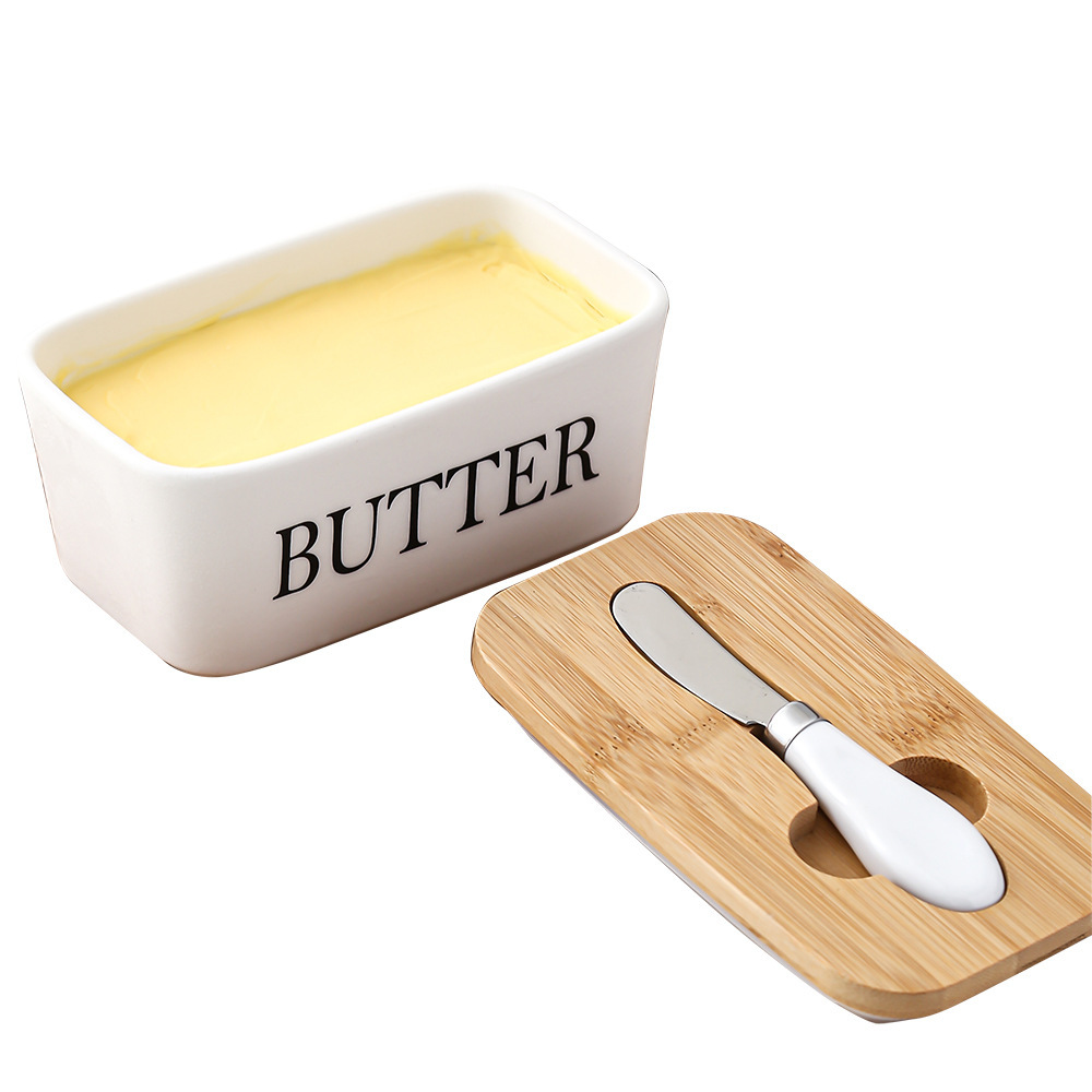 Bamboo and Wood Lid Ceramic Burease Box with Knife with Lid Sealing Can Bureau Box Western-style Fresh-keeping Cheese Box Ceramic Burease Knife