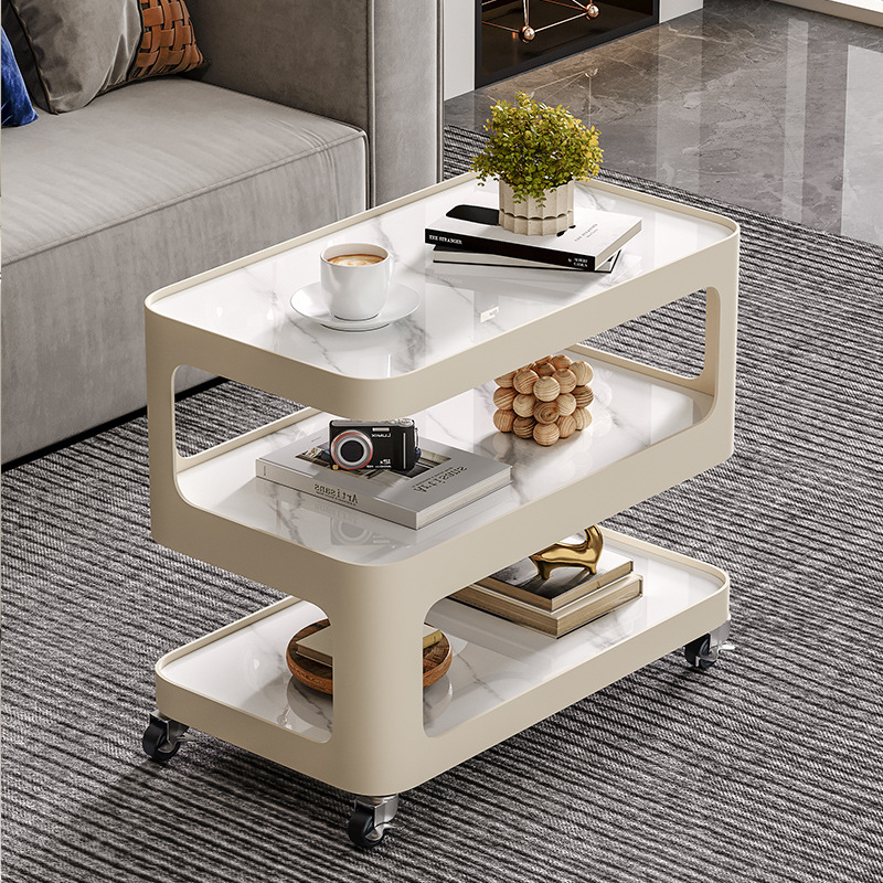 Nordic Style Cream Style Wheeled Removable Side Table Rock Plate Light Luxury Living Room Sofa Cyber Celebrity Coffee Table Mini Corner Table Tea Table