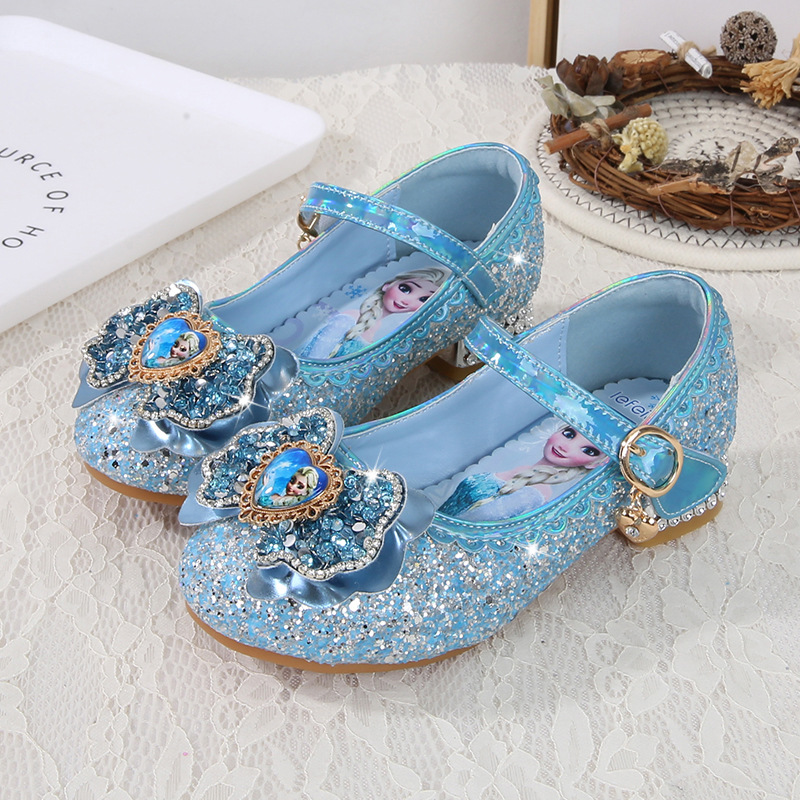 Elsa Princess Shoes Girls High Heels Spring and Autumn New Children's Sequin Shoes Spring and Autumn Single Shoes Little Girls Leather Shoes