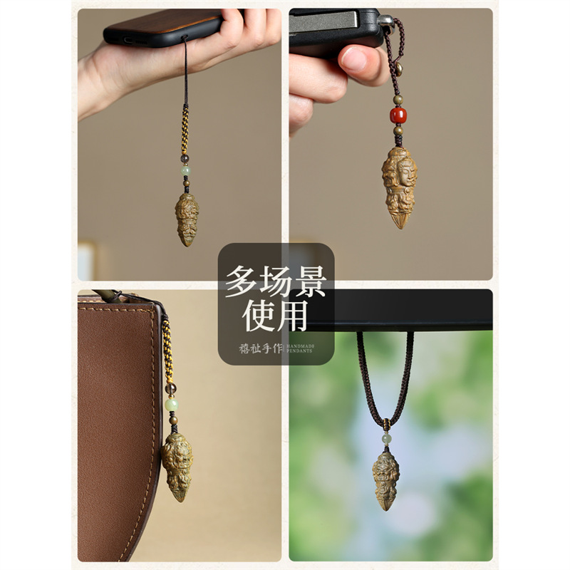 Green Sandalwood Vajra Pestle Pendant Triangular Pestle Mobile Phone Chain Bag Pendant Wood Carving Pendant Car Key Pendant