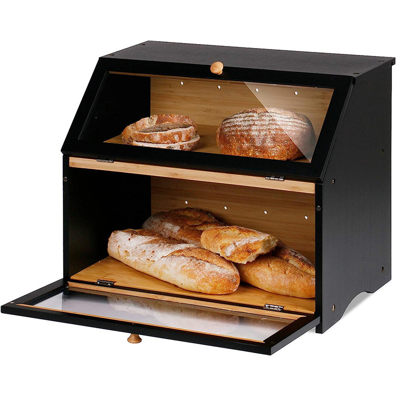 Cross-border Wooden Cake Box Bread Storage Box Bamboo Bread Box with Transparent Glass Kitchen Double-layer Storage Box