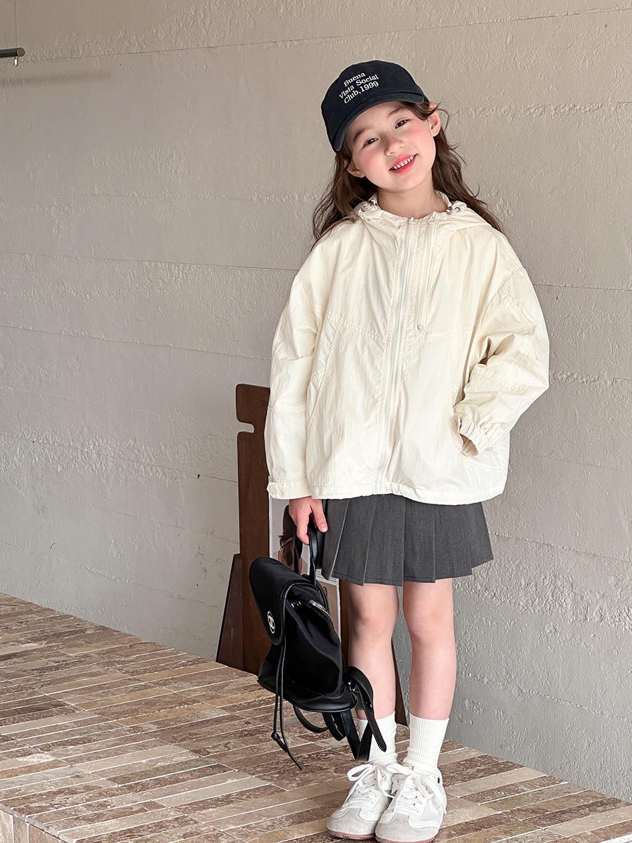 Emo Beibei Children's Solid Color Hooded Sunscreen Clothing Trendy Girls Korean Style Casual Loose Lightweight Zipper Jacket