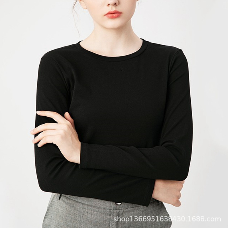 Autumn Heavy-Weight Imported Peruvian Cotton Round-Neck Long-Sleeve T-Shirt for Women, White All-Cotton Slim-Fit Korean Style Inner Layer Base Shirt