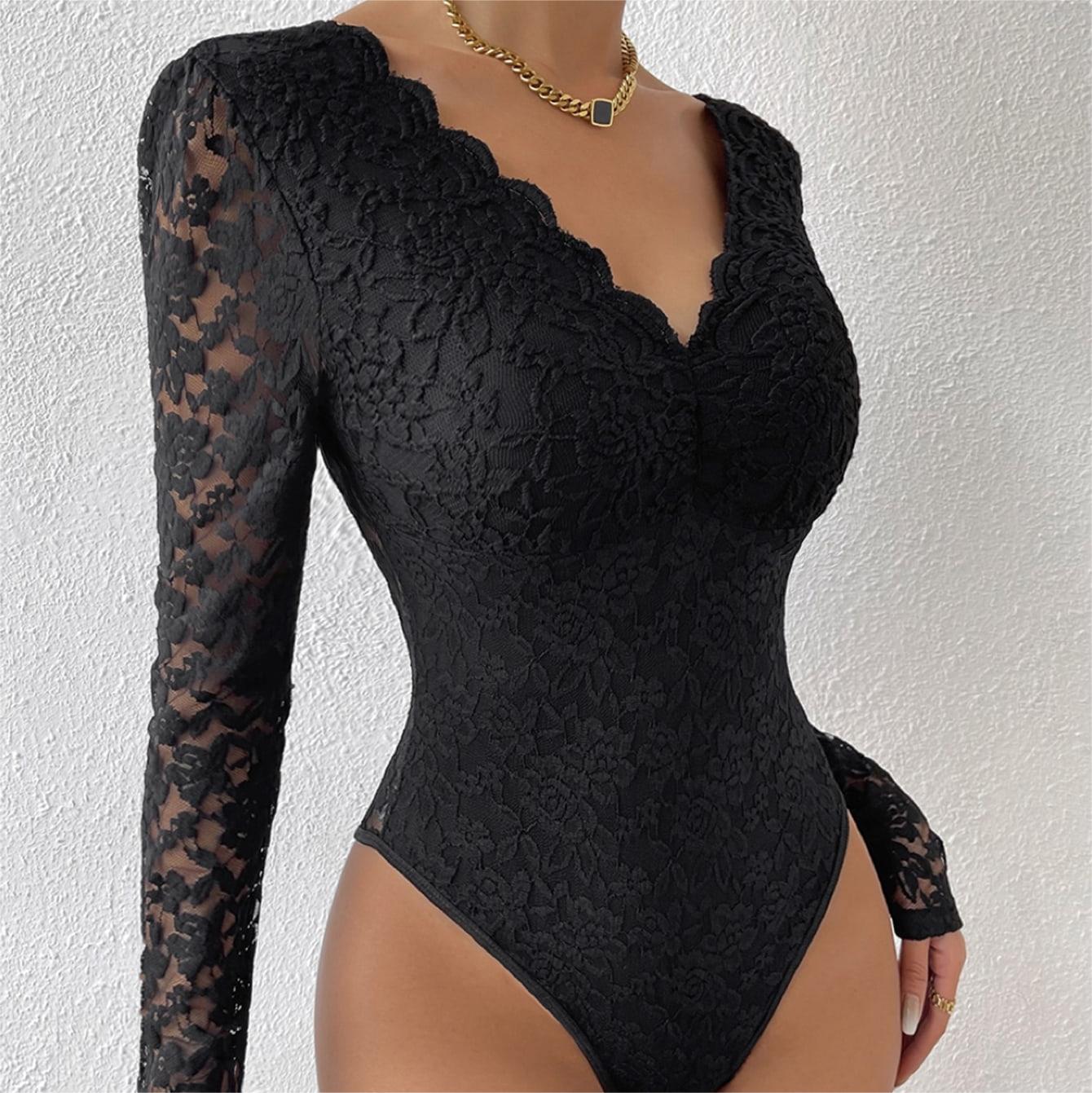 Cross-border foreign trade Amazon hot selling sexy solid color lace long sleeve hot girl perspective slim jumpsuit 10717