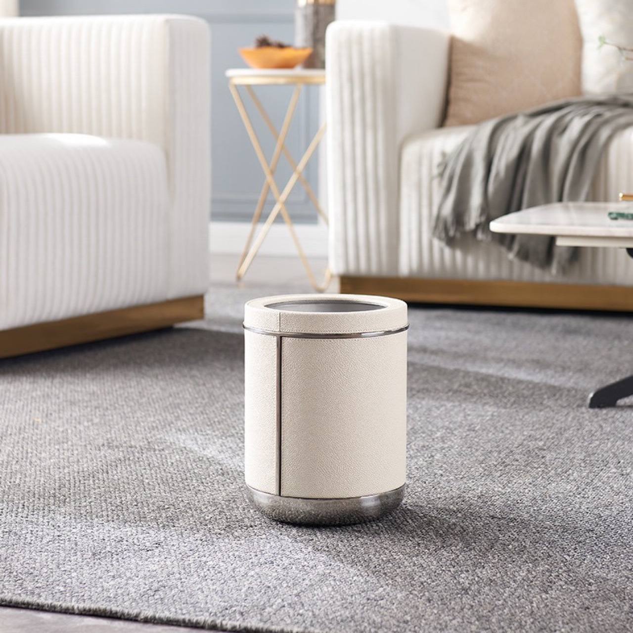 Stainless Steel Leather Trash Can Model Room Light Luxury 2024 New Model Living Room Bedroom Large Capacity Bin Storage Home Furnishings