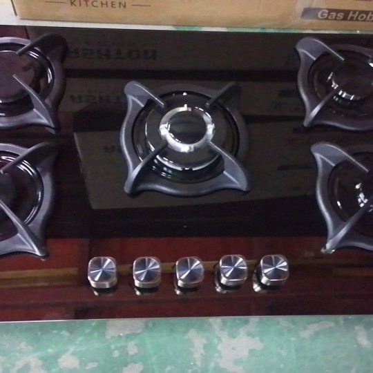 Газовая плита с покрытым стеклом на 5 конфорок, конфорки Сабаф, чугунные конфорки