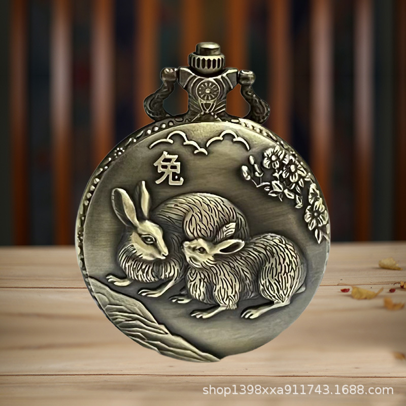 Wholesale large antique twelve zodiac quartz flip commemorative pocket watch three-dimensional relief universal hanging watch necklace