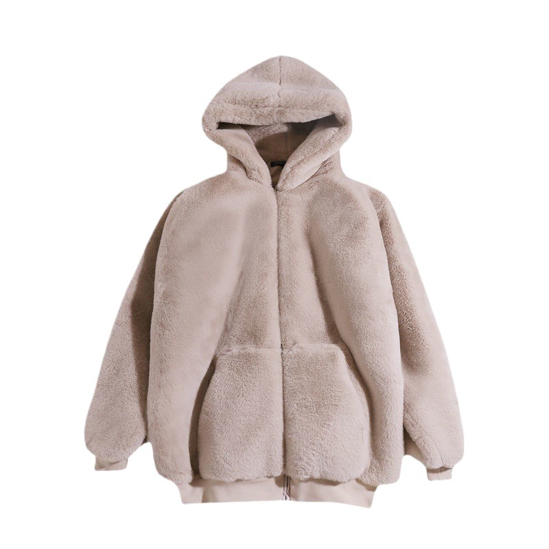 Foreign Trade Loose Plush Coat for Women, Faux Fur Coat, Thickened Hooded Mid-Length Style, Padded for Autumn and Winter, Plus Size, Black