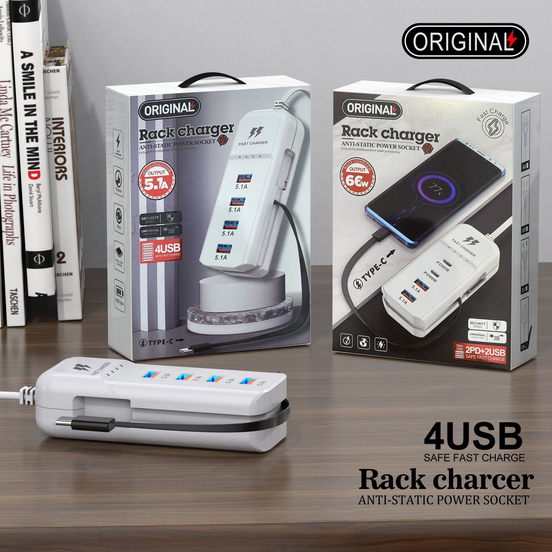 New Mobile Phone Charger Strip 4Usb Multi-Port Dual Pd Fast Charging Head Universal with Type-C Socket Extension Cord