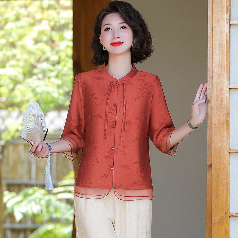 Mother's Summer Dress 2025 New suit Women's Middle-aged and Elderly Guofeng Small Shirt Summer Dame Printed New Chinese Top