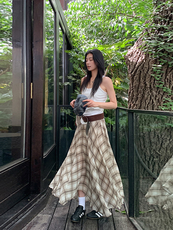[Yunheyu] Irregular Plaid Skirt for Women 2025 Summer New Retro Versatile Skirt A-Line Long Skirt