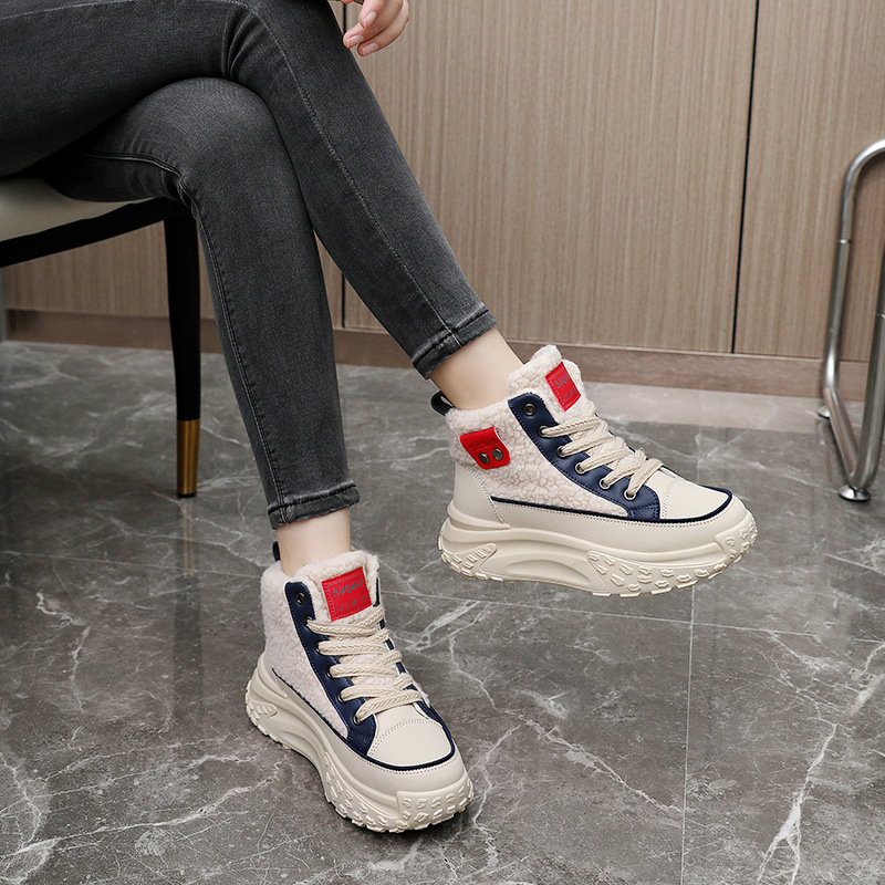 K6701 new 2023 winter high-top women's shoes fleece-lined cotton shoes warm lamb velvet thick bottom increased Korean ins students
