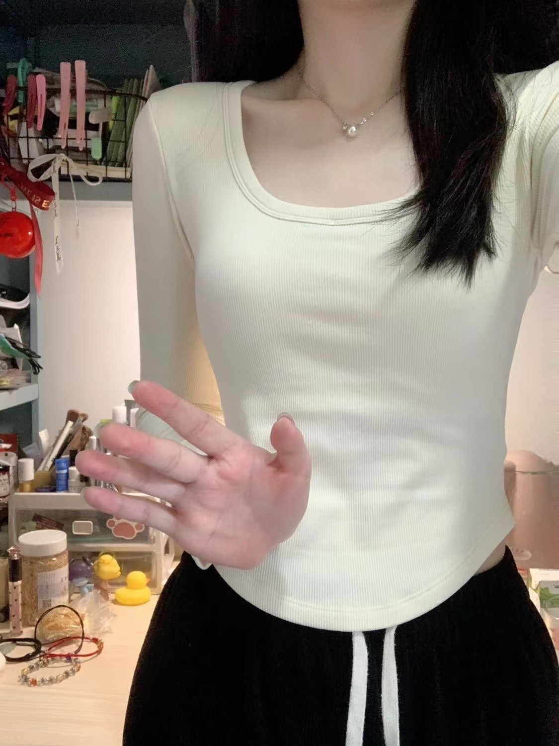 [Factory Outlet] Fall/Winter Shoulder U-Neck Velvet T-Shirt Women's Inner Jacket Women's Warm Slim Long Sleeve Base Shirt