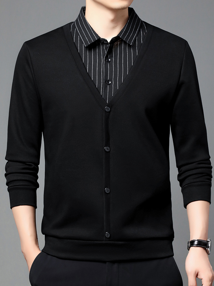 Velvet Fake Two-Piece T-Shirt Men's Winter Stripesd Shirt Collar Spring & Fall Dad Wear Warm Casual Knitwear