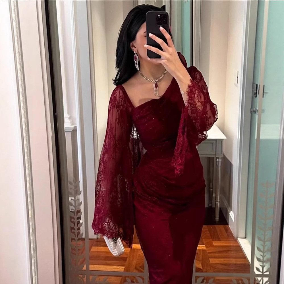 2025 Spring Cross-Border European and American Middle East Foreign Trade Women's Clothing Independent Station Amazon Elegant Lace Hot Diamond Hip Covering Evening Dress