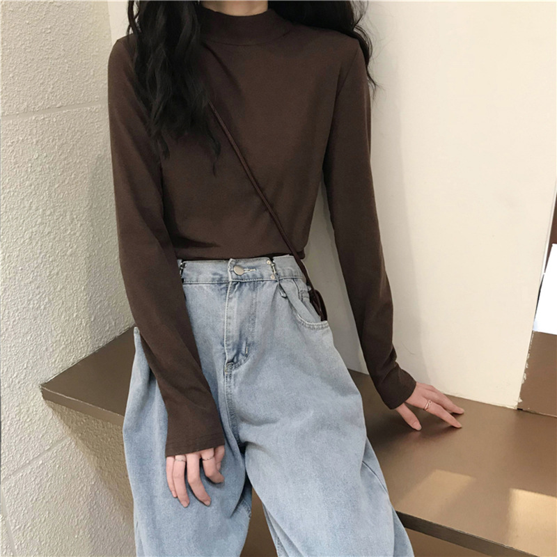 Velvet Mock Collar Base Shirt Women's Inner Wear Autumn and Winter Inner Wear New Long Sleeve T-Shirt Slim Warm Top Wear