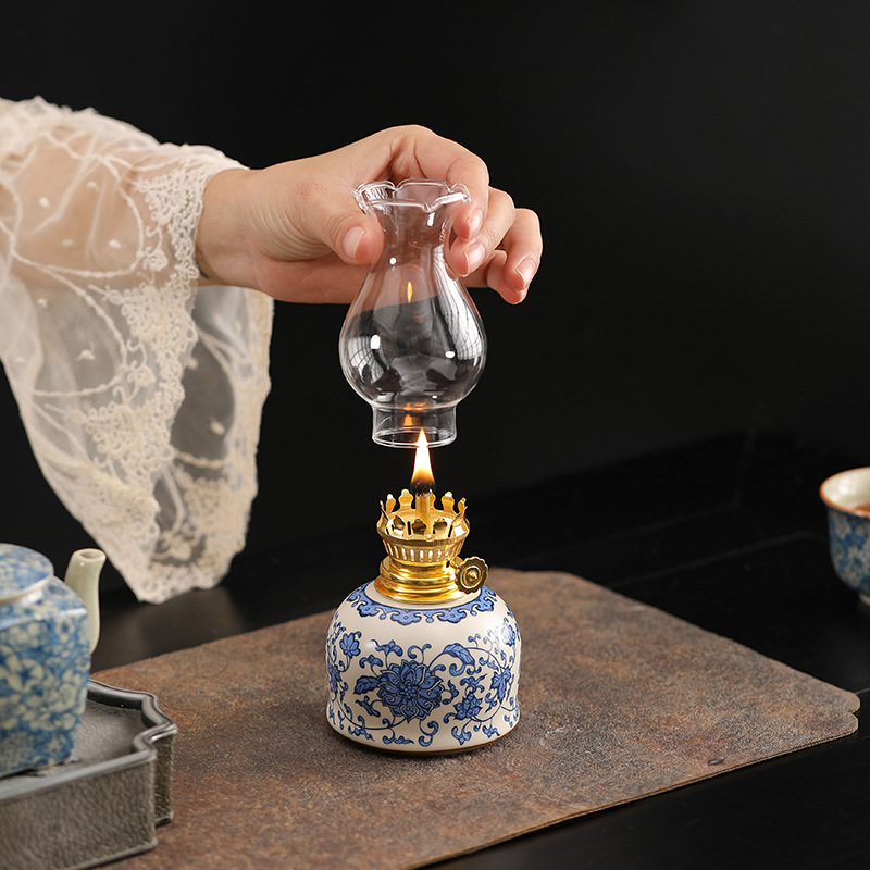 Ceramic Butter Lamp Traditional Tea Room Home Decoration Cotton Wick Antique Buddha Worshiping Lighting Atmosphere Night Light