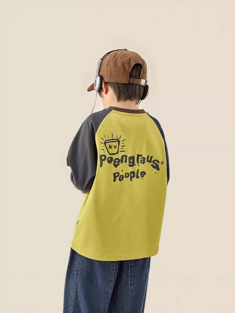 Children's Pure Cotton T-Shirt Spring and Autum Boys' Raglan Long-Sleeved Casual Medium and Large Kidsren's Sweatshirt Top 100% Cotton