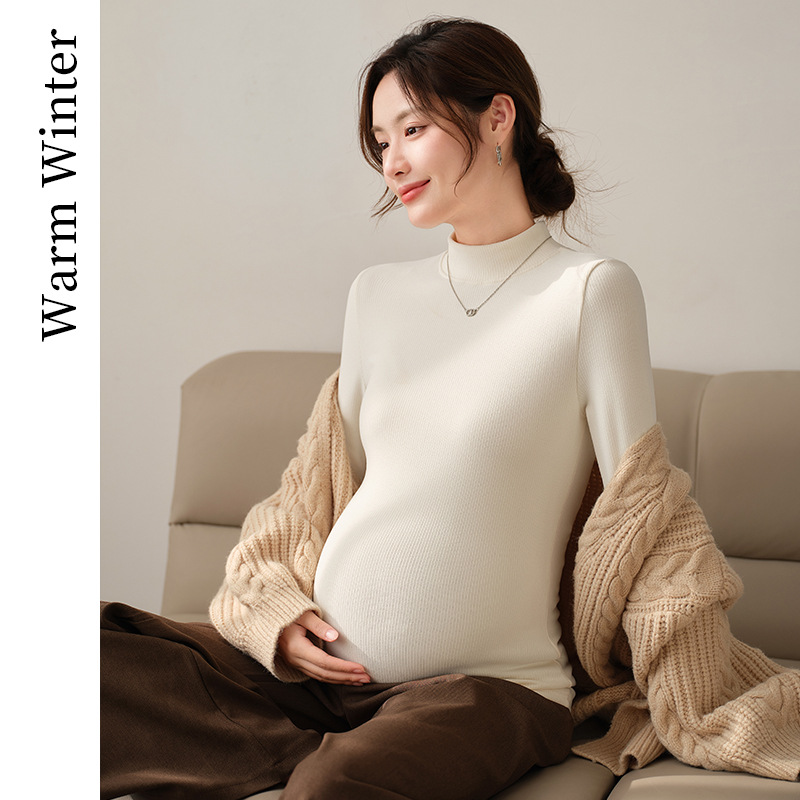 Pregnant Women's Semi-high Collar fleece-lined Thickened Base Shirt Inner Wearing Pregnancy Top Autumn and Winter Outer Wearing Long Sleeve Maternity Postpartum