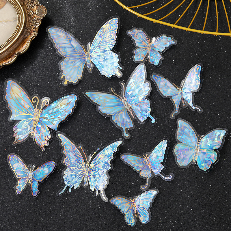 YW gold stamping butterfly hot glass broken series PVC waterproof stickers 3D laser DIY decorative material stickers