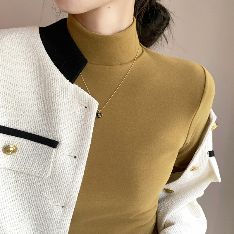 H319 New Round Neck Autumn and Winter Half-high Collar Velvet Base Shirt Women's Inner Thickened Black and White Middle Collar Warm Clothes