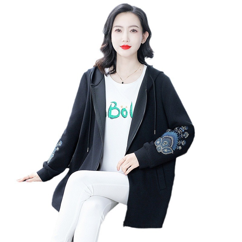 Autumn and Winter New Knitted Guofeng Embroidery Loose plus size Hooded Fashion Casual Long Sleeve Sweater Middle-aged and Elderly Women's Wear