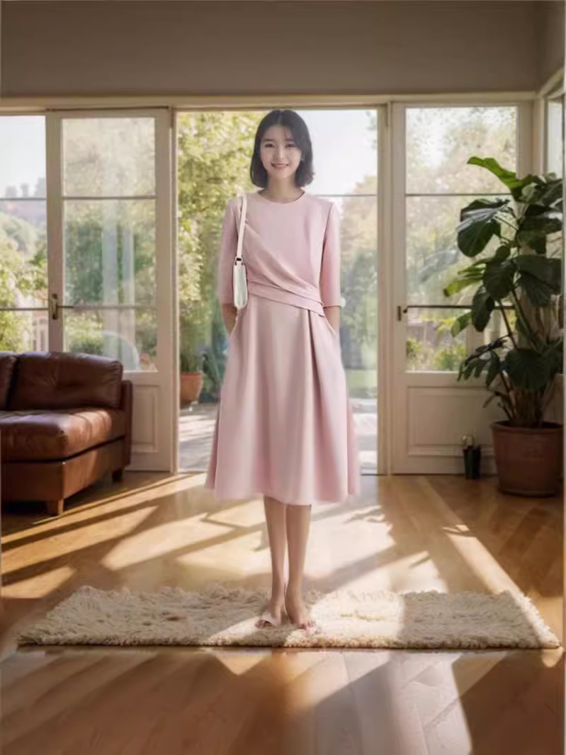 2691 Plus Size Women's French Boat Neck Waist Pleated Internet Celebrity Dress Plus Size Casual Fashion Mid-Length Skirt