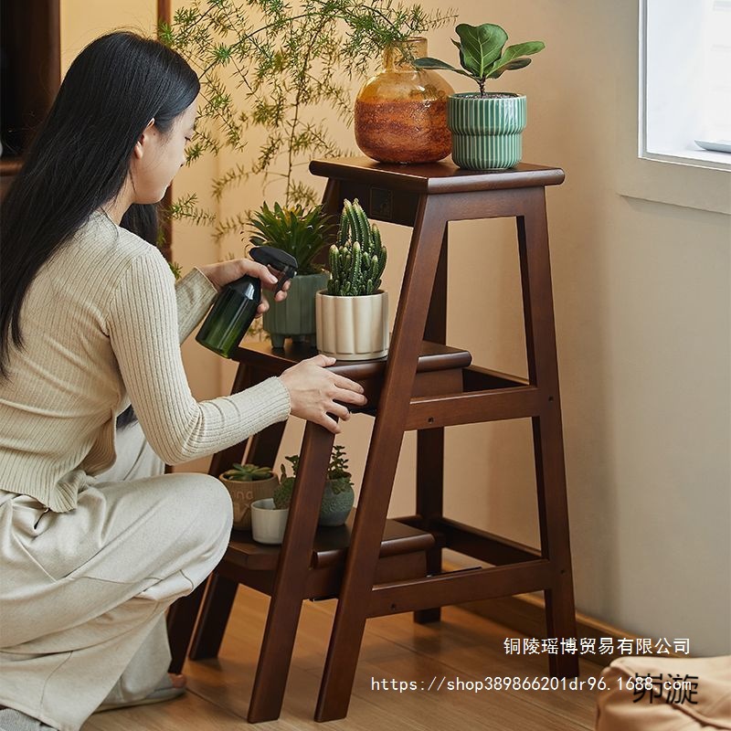 Solid Wood Three-Step Ladder Stool Indoor Flower Stand Ladder Dual-Purpose Step Ladder Household Folding Telescopic Multi-Functional Climbing Ladder