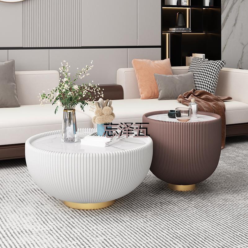 PCGS Nordic Light Luxury Coffee Table Modern Living Room Table Small Apartment Size Combination Round Rock Board Leather Creative Bowl