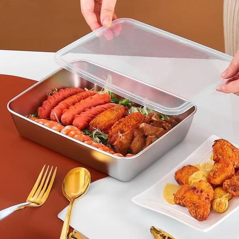 Square Plate Stainless Steel Thickened Dinner Plate Dish Preparation Plate Rectangular Barbecue Plate Lunch Box Dish Preparation Box Kitchen Household Towel Plate