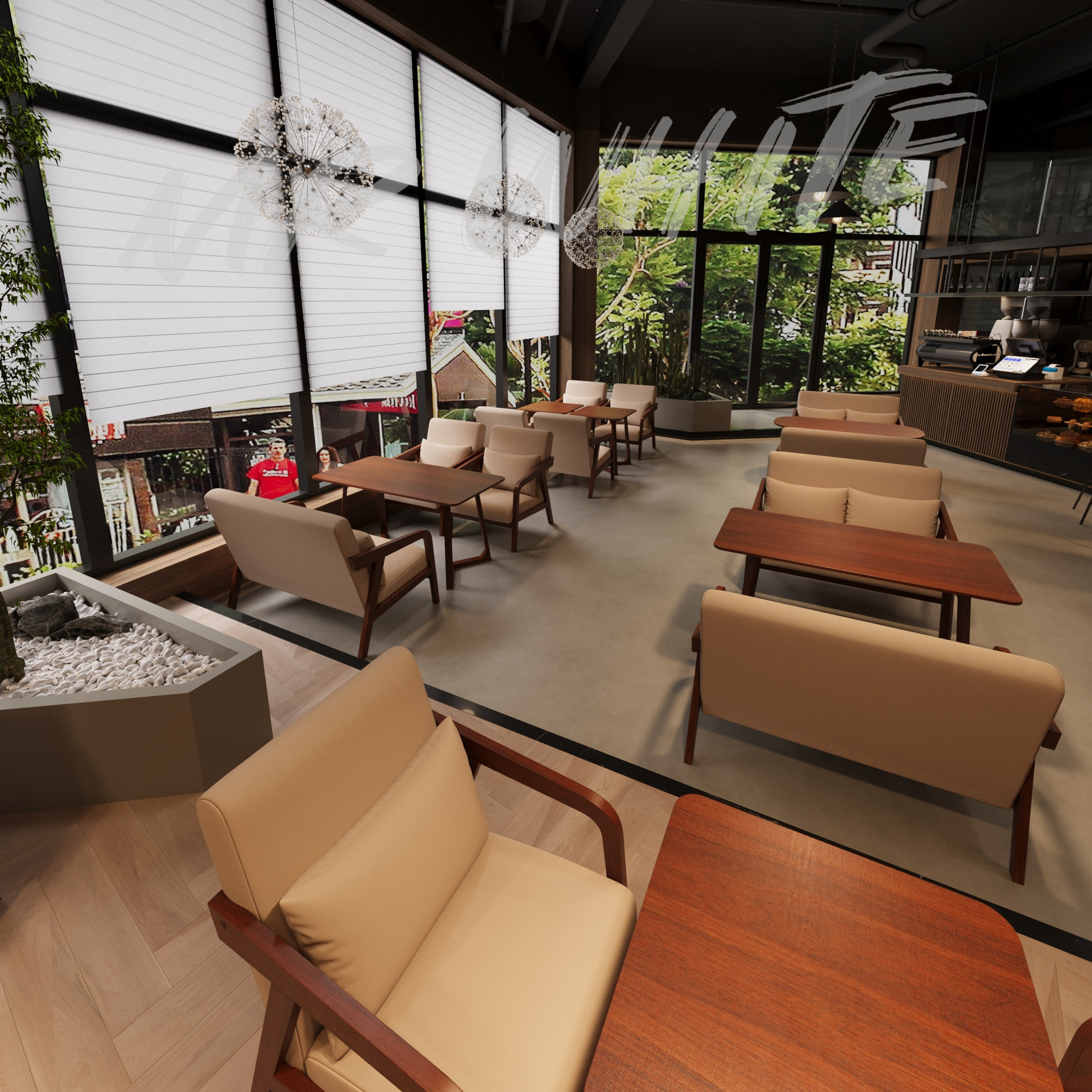 Internet Celebrity Cafe Solid Wood Table and Chair Combination Comfortable Japanese Sofa Chair Factory High-End Tavern Clear Bar Solid Wood Table and Chairs