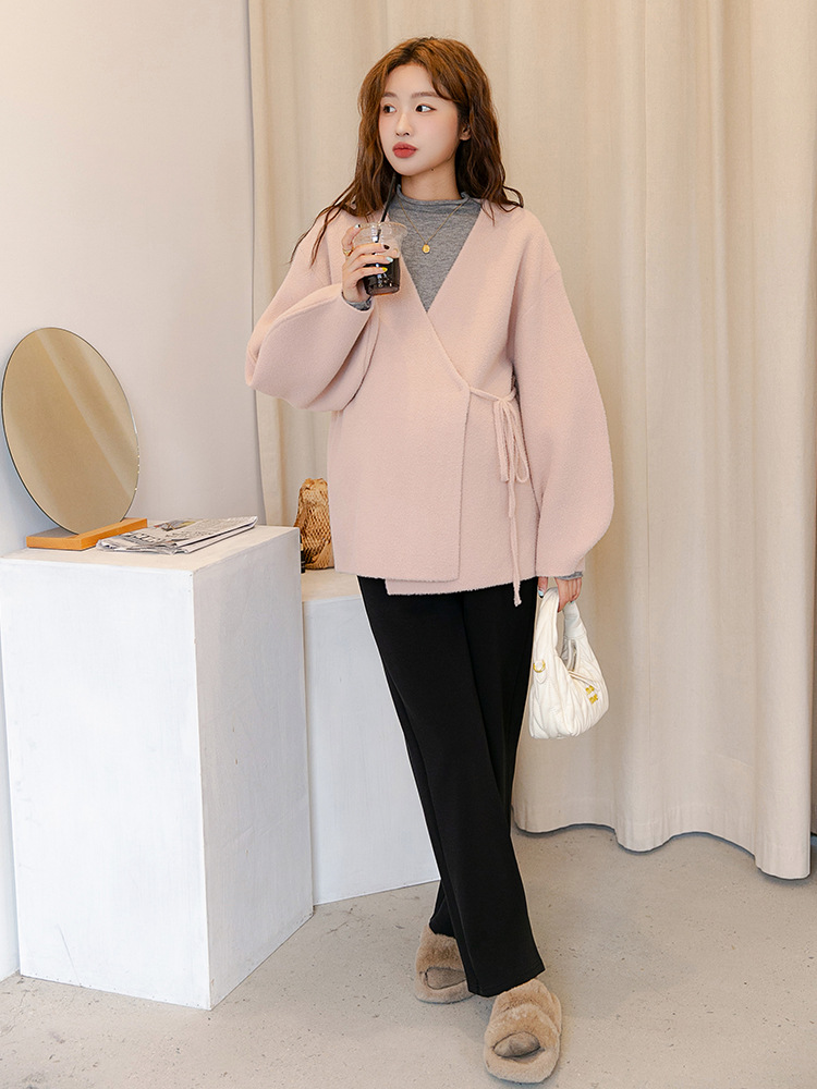 Autumn and Winter Pregnant Women's Sweater Coat Fashion Korean-style Pregnant Women's Wear Side Lace-up V-Neck Pregnant Women's Base Coat Trendy Mommy